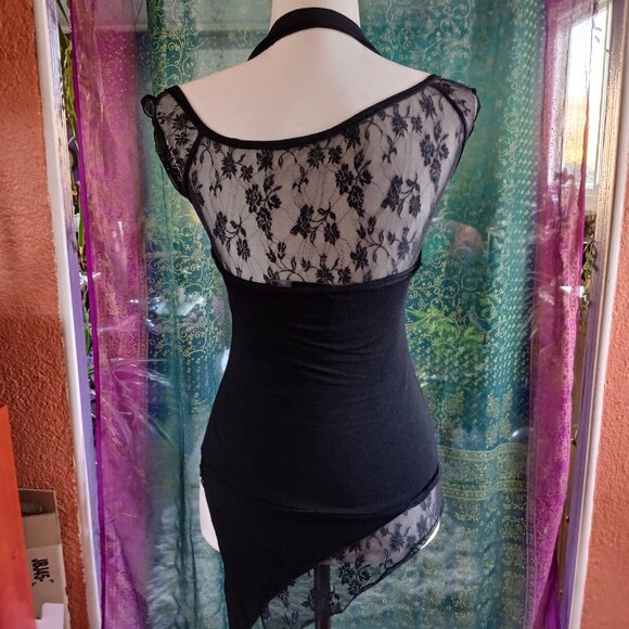 Gothic Lace Black Asymmetrical Halter Lip Service Top - Picture 4 of 8